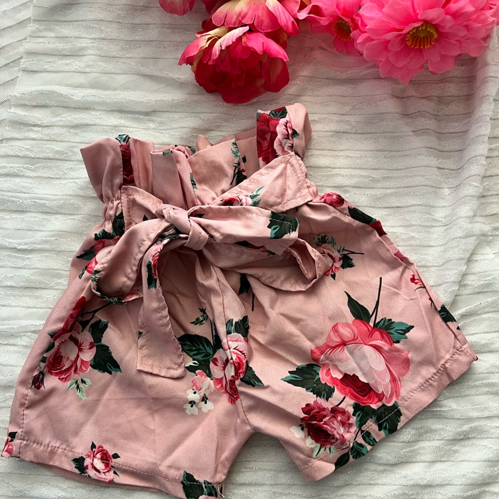 High Waist Pink and Green Floral Shorts with Tie Belt